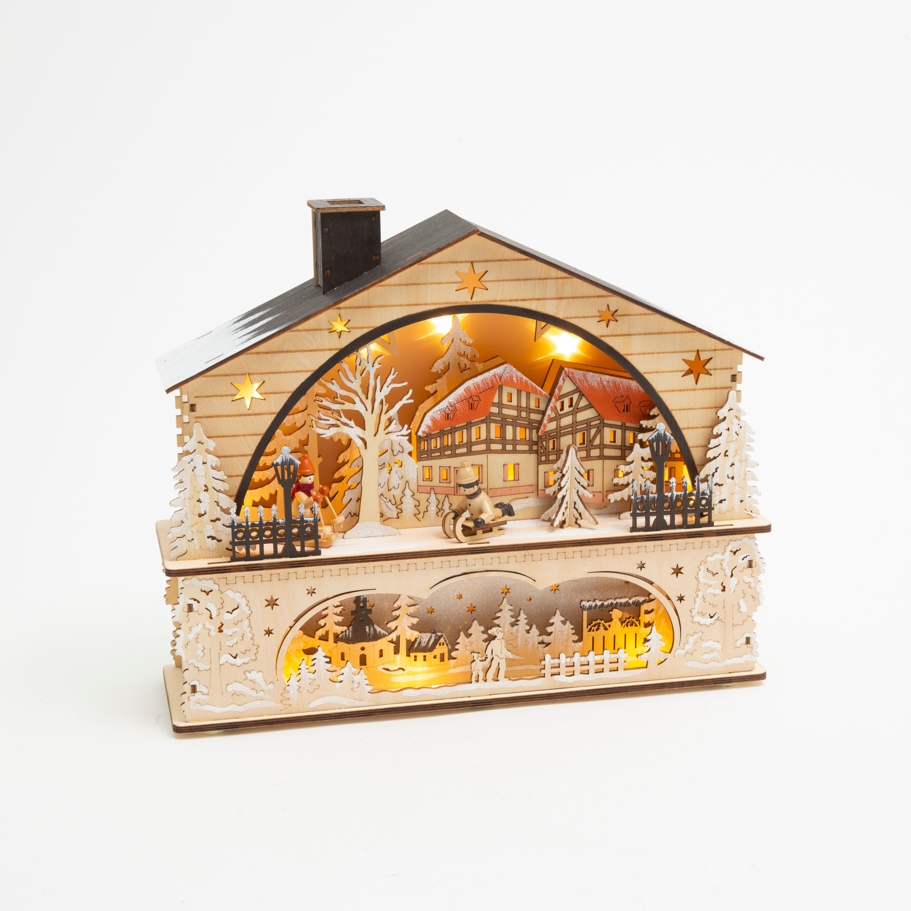 Whimsical 14.17 in L Battery Operated Lighted Laser Cut Wood Holiday Village